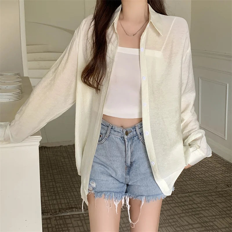 Breezy Button-Down Shirt for Women Long Sleeve Collared Lightweight Oversized Shirt Spring Summer Teenage Girl Basic Outfit