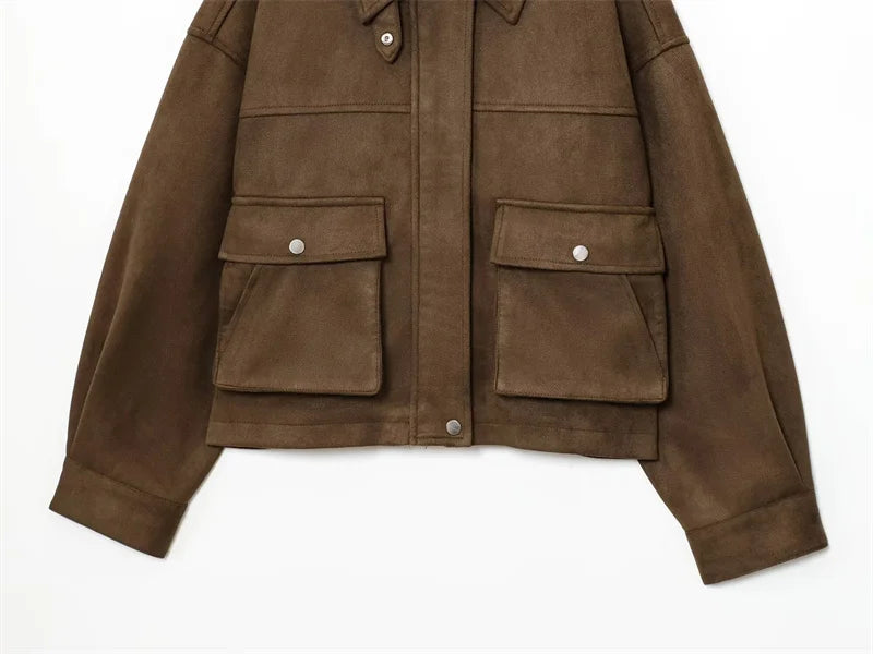 Women's Jacket New Fall 2025 Dark Brown Long Sleeve Bomber Jacket Pocket Decoration Casual Fashion Simple Personality