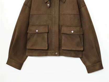 Women's Jacket New Fall 2025 Dark Brown Long Sleeve Bomber Jacket Pocket Decoration Casual Fashion Simple Personality