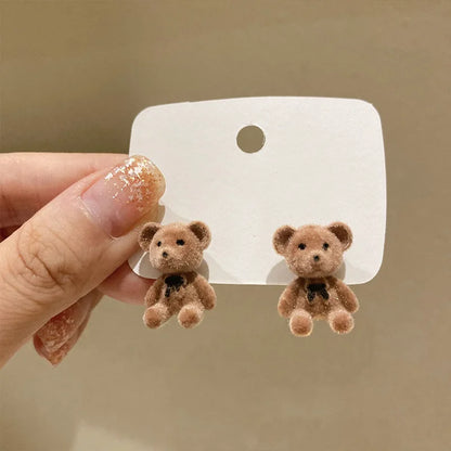 Flocking Velvet Rabbit Bear Stud Earrings for Women Fall Fashion Kawaii Animal Earrings Girls Korean Kids Jewelry Brincos Gifts