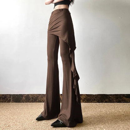 Casual Slim Folds Tie Flower Ruffles Flare Pants Casual Sexy Solid Mid-Waisted Wide Leg Pants Women 2024 Summer Fashion