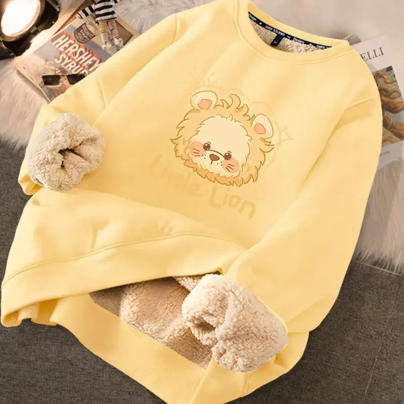 Autumn Winter Women Casual Loose Sweatshirts Lambswool Thicken Thermal Sweatshirts Women Printed Cute Fleece Warm Hoodies 2023