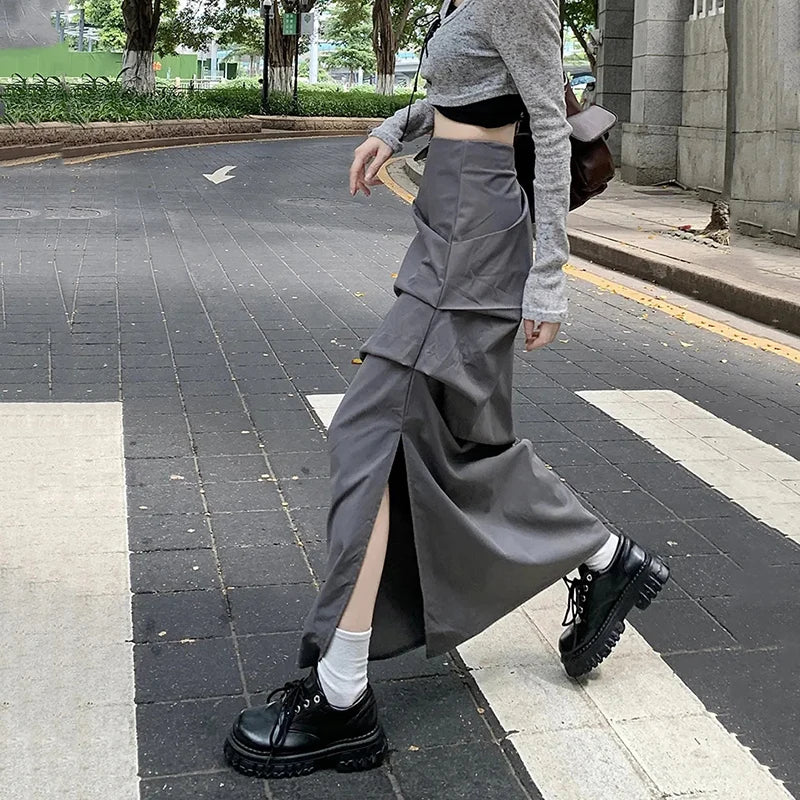 High Waist Pleated Skirt for Women Korean Fashion Streetwear Sexy Slit Midi Skirt Y2K Loose Hip Hop All-Match Female Cargo Skirt