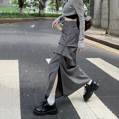 High Waist Pleated Skirt for Women Korean Fashion Streetwear Sexy Slit Midi Skirt Y2K Loose Hip Hop All-Match Female Cargo Skirt
