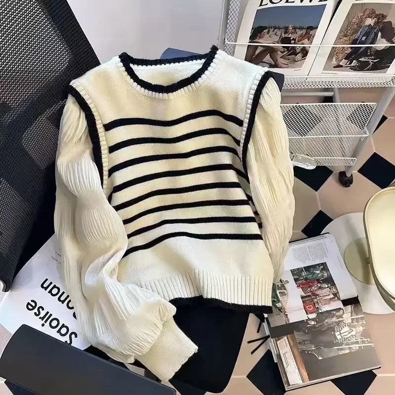 2025 Women Black and White Striped Fake Two-Piece Knitted Sweaters Autumn Winter Korean Soft Glutinous Pullover Sweater Female