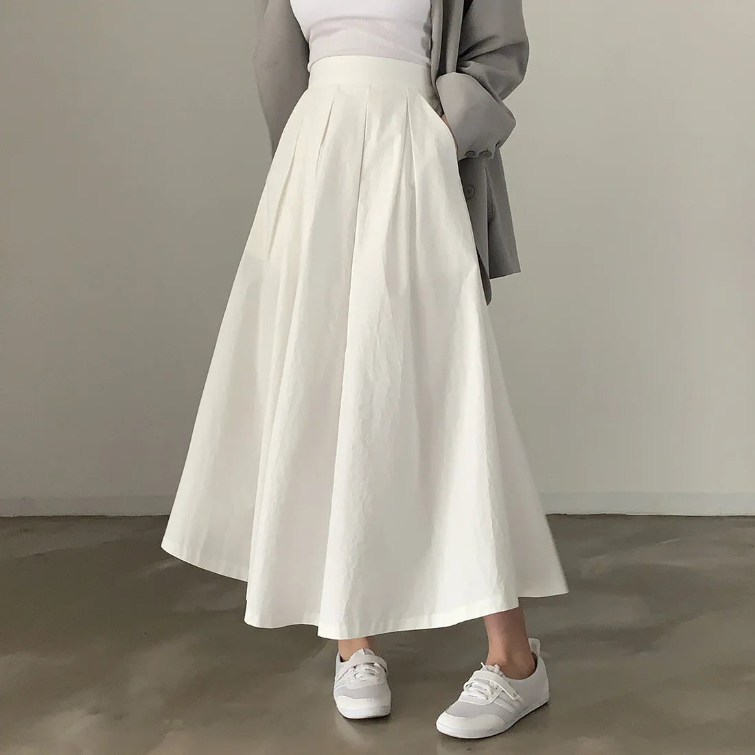 2024 Women Elegant White Long Skirts High Waist A-Line Cotton Maxi Skirts Women Casual Skirts