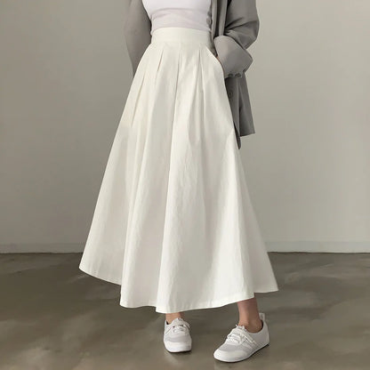 2024 Women Elegant White Long Skirts High Waist A-Line Cotton Maxi Skirts Women Casual Skirts