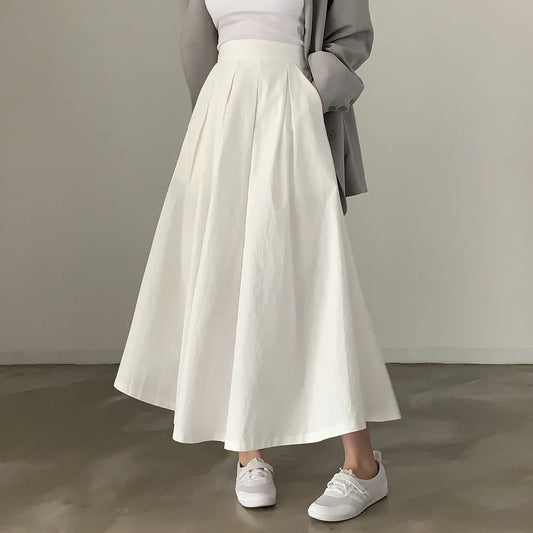 2024 Women Elegant White Long Skirts High Waist A-Line Cotton Maxi Skirts Women Casual Skirts