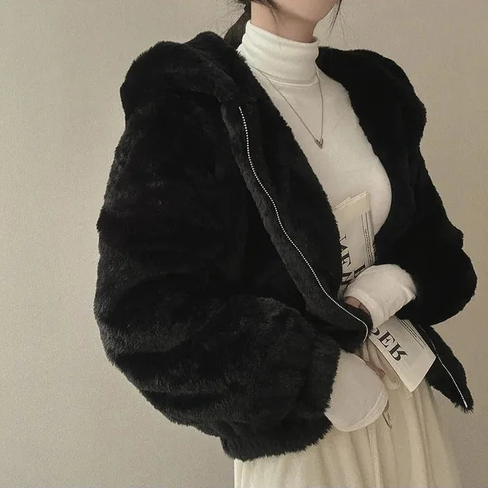 Winter Women Fur Coat Zipper Loose Hoodies Over Coat Thick Warm Plus Size Female Plush Casual Coats