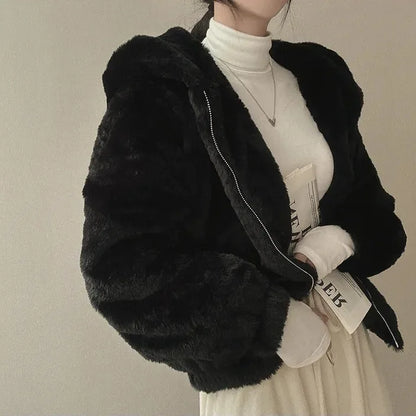 Winter Women Fur Coat Zipper Loose Hoodies Over Coat Thick Warm Plus Size Female Plush Casual Coats