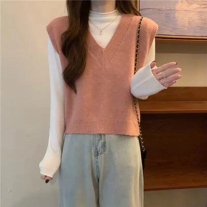 Xpqbb Spring Autumn New V-neck Knitted Vest Women Vintage Sleeveless Sweater Waistcoat Female Korean Chic Cropped Knit Tops