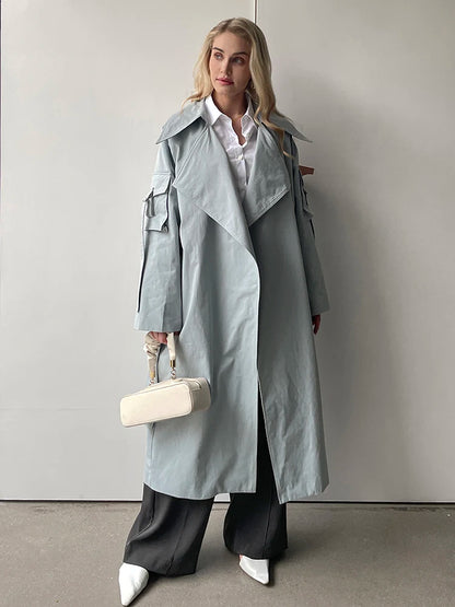 2024 Spring Fall New Korea style Women's Oversized Cotton Long Trench Coat With Belt  Casual Female Windbreaker