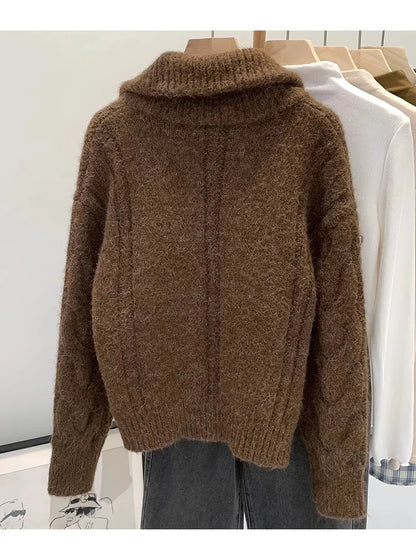 HELIAR Women Fall Winter New Casual Loose Knitted Cardigan Retro Solid Double Zipper Turn-down Collar Sweater Thicken Loose Tops