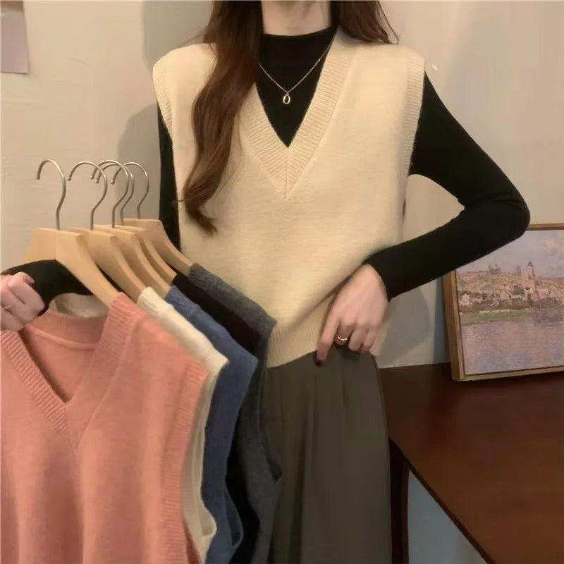 Xpqbb Spring Autumn New V-neck Knitted Vest Women Vintage Sleeveless Sweater Waistcoat Female Korean Chic Cropped Knit Tops