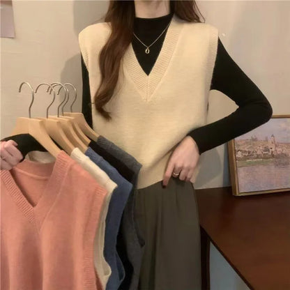 Xpqbb Spring Autumn New V-neck Knitted Vest Women Vintage Sleeveless Sweater Waistcoat Female Korean Chic Cropped Knit Tops