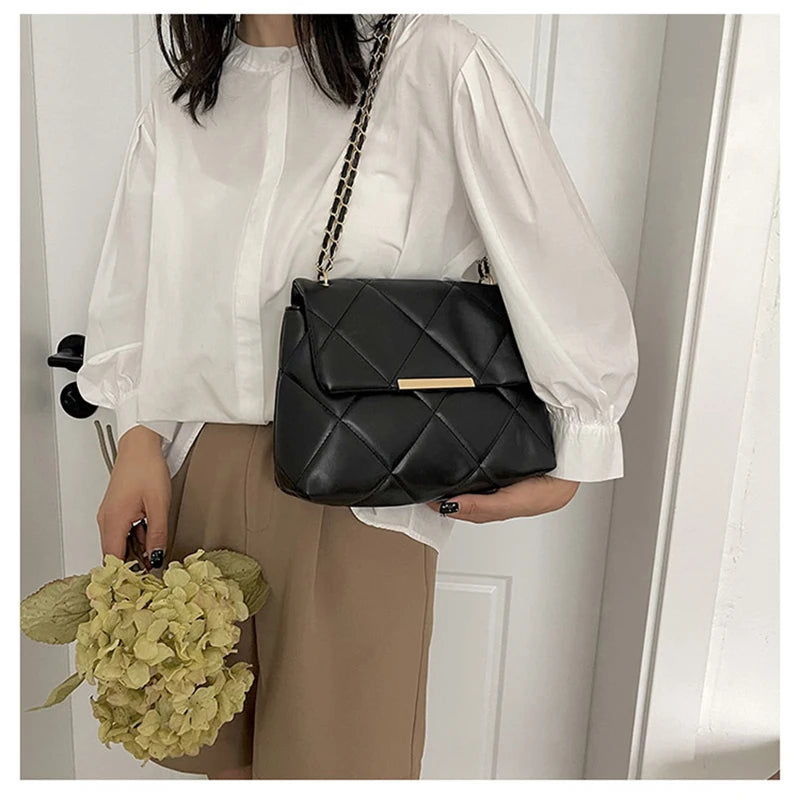 Plaid Thread Women Handbags Lady Underarm Shoulder Bag Large Capacity Commuting Tote Bag PU Leather Chain Strap Crossbody Bag