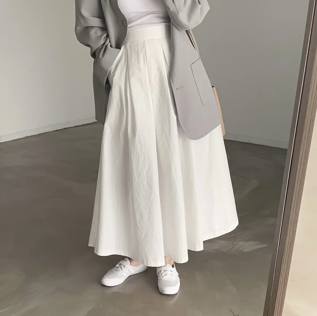 2024 Women Elegant White Long Skirts High Waist A-Line Cotton Maxi Skirts Women Casual Skirts