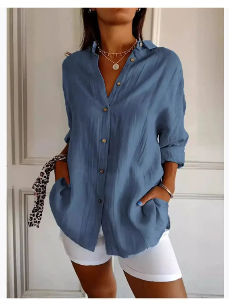 Shirt Women's Lapel Long Sleeve Solid Color Casual Single Breasted New Fashion Brown Black White Shirt Tops Blouses for Female