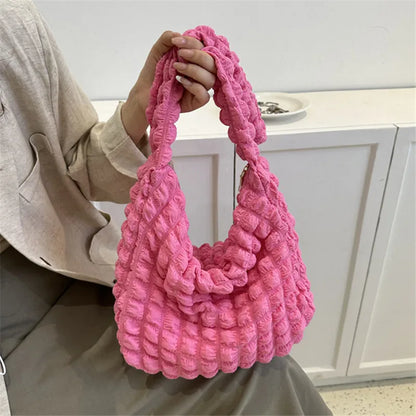 Crossbody Bag With Pleated Design Embroidered Plaid Shoulder Bag Underarm Bags Simple Large Capacity Quilted Tote Bags For Women