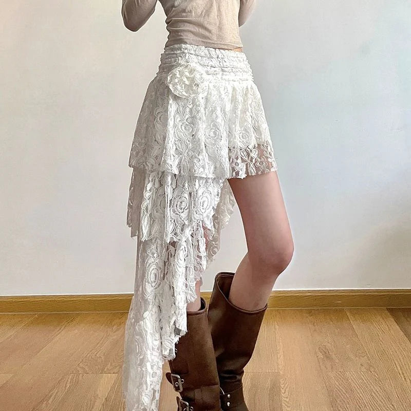 Zoki Sexy Bohemian Sweet Lace Skirt Women Elegant Irregular High Waist Skirt Vintage Korean Lady Casual Cute White A Line Skirts