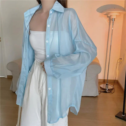 Oversized Shirt for Women Black White Thin Chiffon Collared Long Sleeve Button-Up Shirt Blouse Female Teen-girl Beach Cover Up