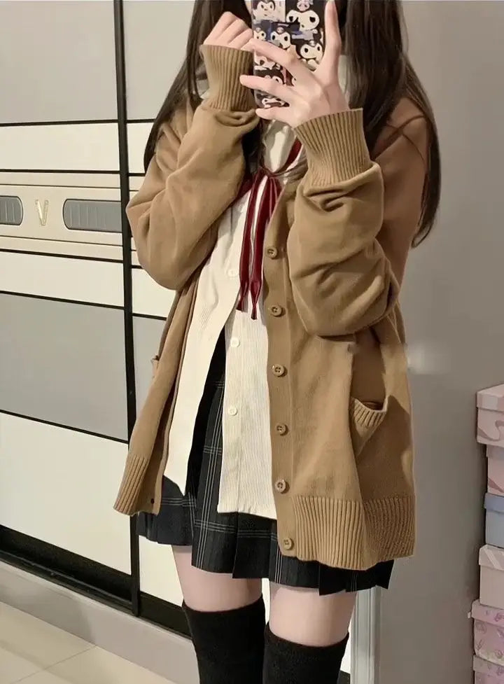 Cardigans Women Button-up Japan Style Students Long Sleeve Knitted Sweaters Loose All-match Autumn Winter Solid Color Pockets