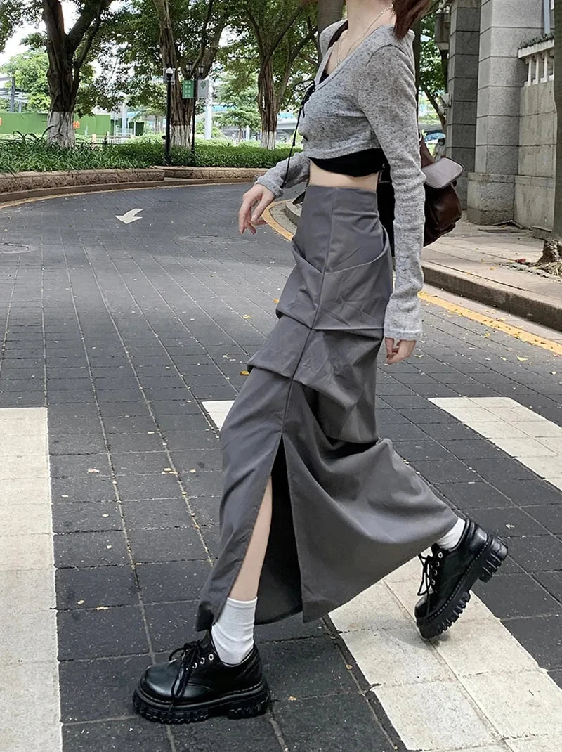 High Waist Pleated Skirt for Women Korean Fashion Streetwear Sexy Slit Midi Skirt Y2K Loose Hip Hop All-Match Female Cargo Skirt