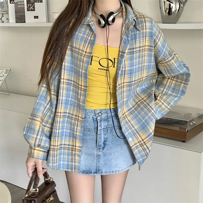Women Tartan Shirt Long Sleeve Collared Button Up Oversized Plaid Shirt Flannel Jacket Grunge Teenage Girl Spring Summer Outfit