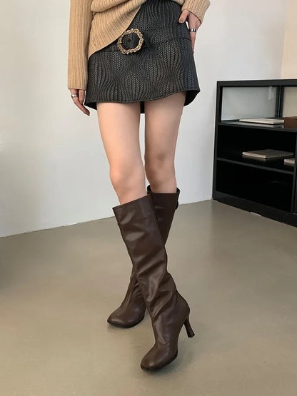 Autumn Winter Cosy Button Woman Knee-High Modern Boots Fashion Round Toe Thin Heels Ladies Long Booties Party Shoes