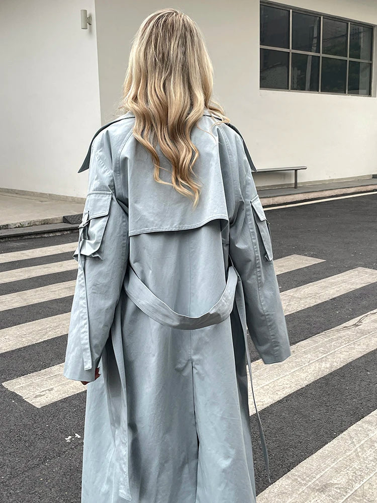 2024 Spring Fall New Korea style Women's Oversized Cotton Long Trench Coat With Belt  Casual Female Windbreaker