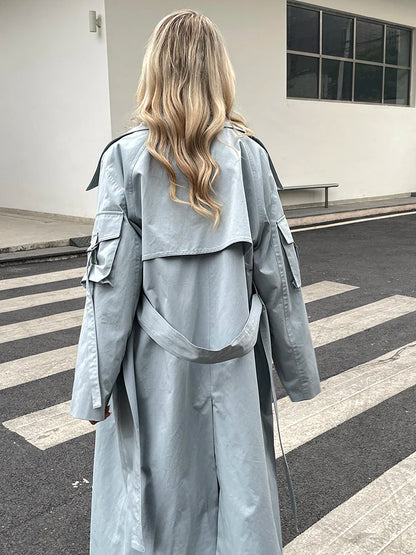 2024 Spring Fall New Korea style Women's Oversized Cotton Long Trench Coat With Belt  Casual Female Windbreaker