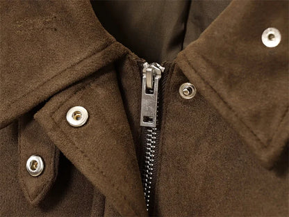 Women's Jacket New Fall 2025 Dark Brown Long Sleeve Bomber Jacket Pocket Decoration Casual Fashion Simple Personality