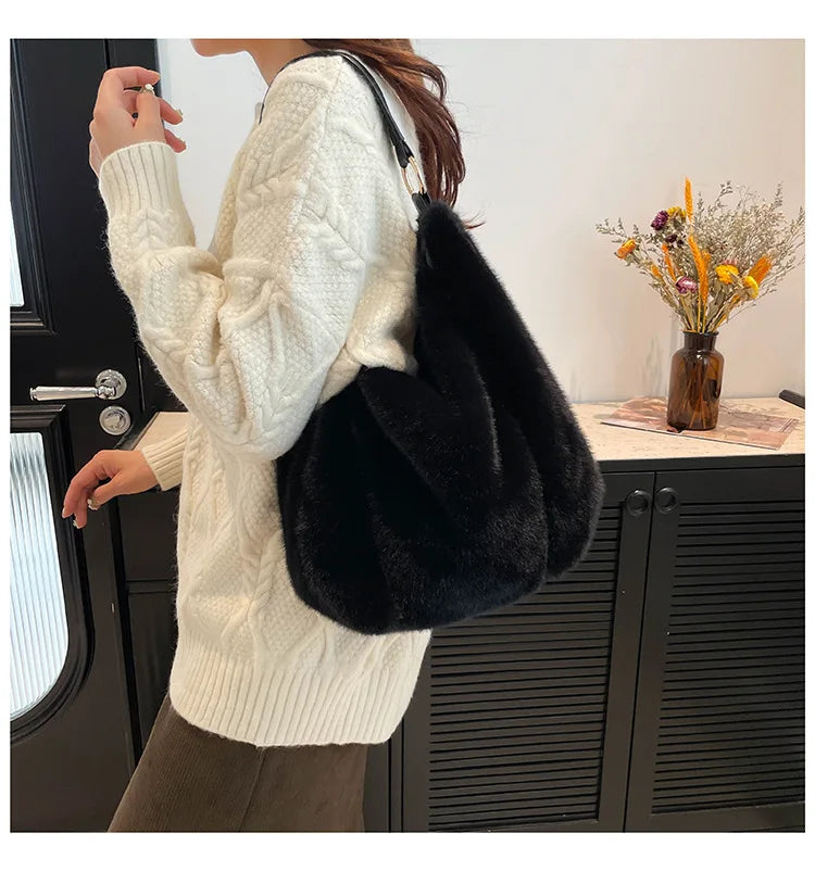 Autumn/Winter faux mink fur women's bag, commuter-friendly large-capacity tote bag, versatile handheld single-shoulder bags