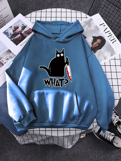 Hoody Little Black Cat And Knife Sweatshirt With Hooded Woman Oversized Aesthetic Hoodie Womens Winter Female Cats Hoodies