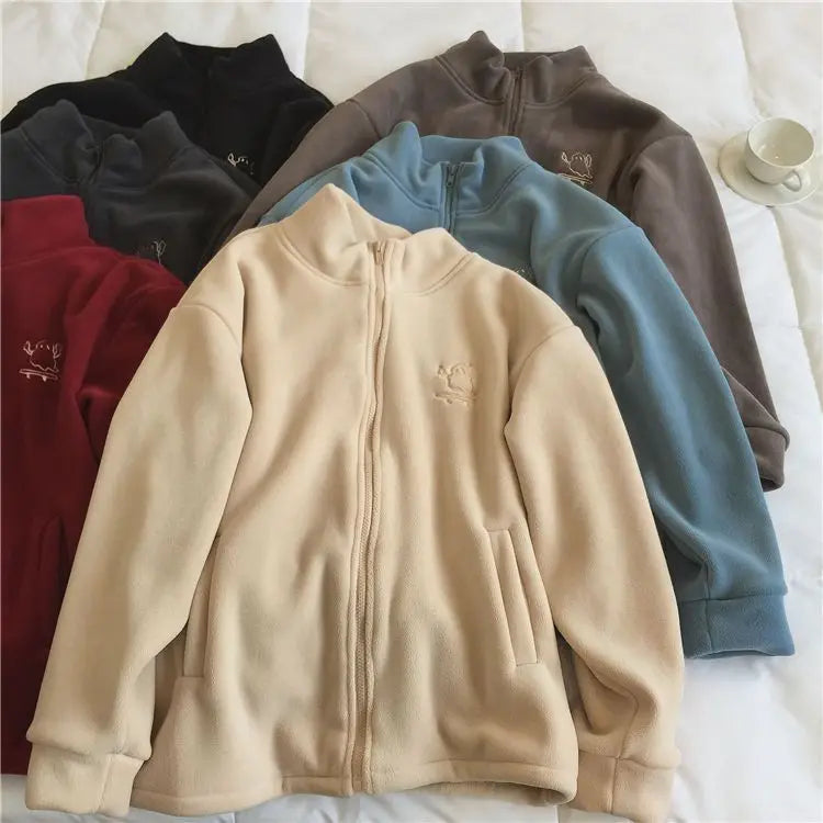 Autumn Winter Fleece Zipper Sweatshirt Jacket Women Clothing Embroidery Coats Warm Long Sleeve Cardigan Sport Outdoor Sweatshirt