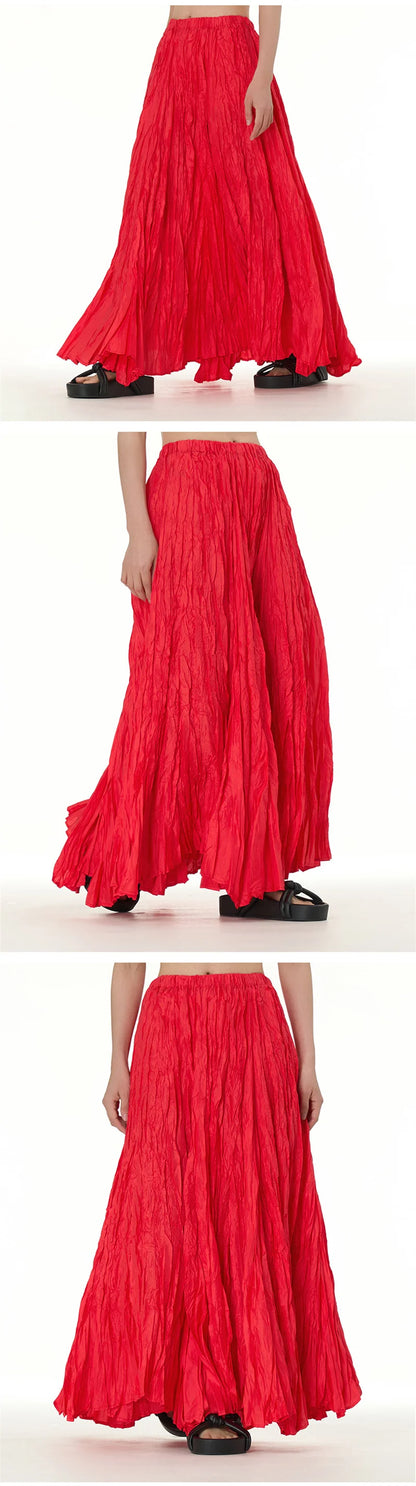 Elegant Drape Crumpled Skirts Women Summer Elastic Waist Big-Hem Long Skirts Large Size Loose Umbrella Skirts Female Streetwear