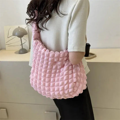 Crossbody Bag With Pleated Design Embroidered Plaid Shoulder Bag Underarm Bags Simple Large Capacity Quilted Tote Bags For Women