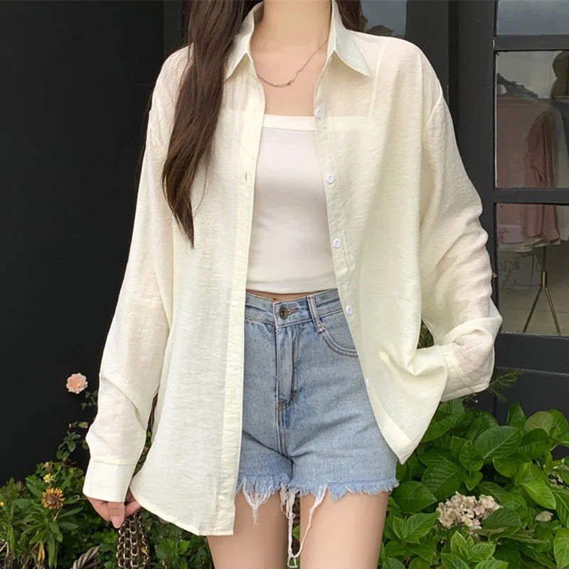 Breezy Button-Down Shirt for Women Long Sleeve Collared Lightweight Oversized Shirt Spring Summer Teenage Girl Basic Outfit