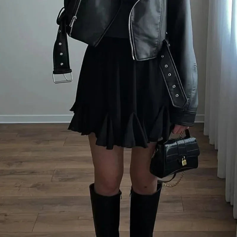 Talenza Women's White Mini Skirt A Line High Waist Sexy Cute Ruffle Retro Tennis Skirt Black Elastic Waist Short Skirt Summer