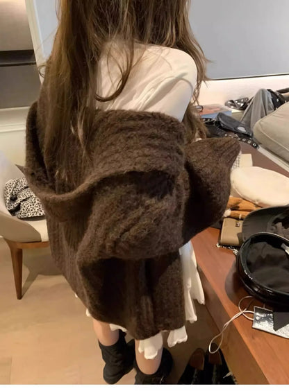 Winter Women Long Sleeve Loose Hooded Loose Knitted Coat Autumn Fashion Solid Color Sweater Elegant Casual Cardigan Knitwear