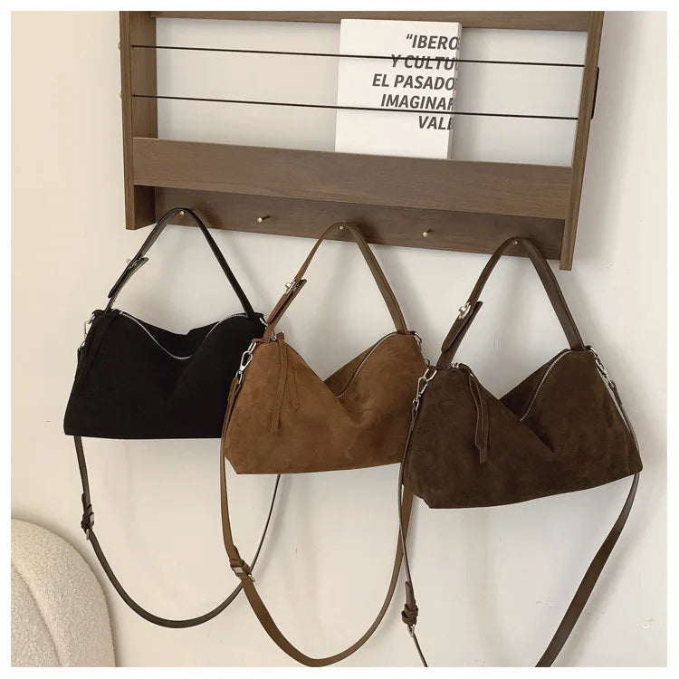 New Fashion Simple Fall Winter Spacious Boston Tote Bag Soft Matte Suede Design Women's Large Capacity Portable Hand Strap Bag