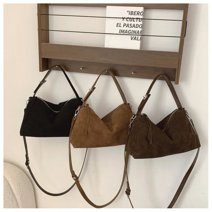 New Fashion Simple Fall Winter Spacious Boston Tote Bag Soft Matte Suede Design Women's Large Capacity Portable Hand Strap Bag