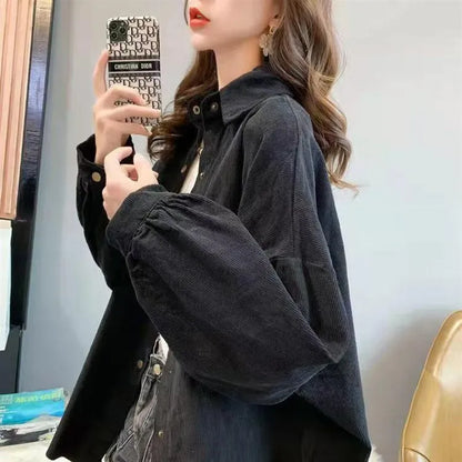 Women's Corduroy irt Long Sve Loose Casual Sle Spring Autumn New Faion V-Ne Button up Warmth Outerwear Top