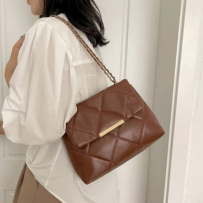 Plaid Thread Women Handbags Lady Underarm Shoulder Bag Large Capacity Commuting Tote Bag PU Leather Chain Strap Crossbody Bag