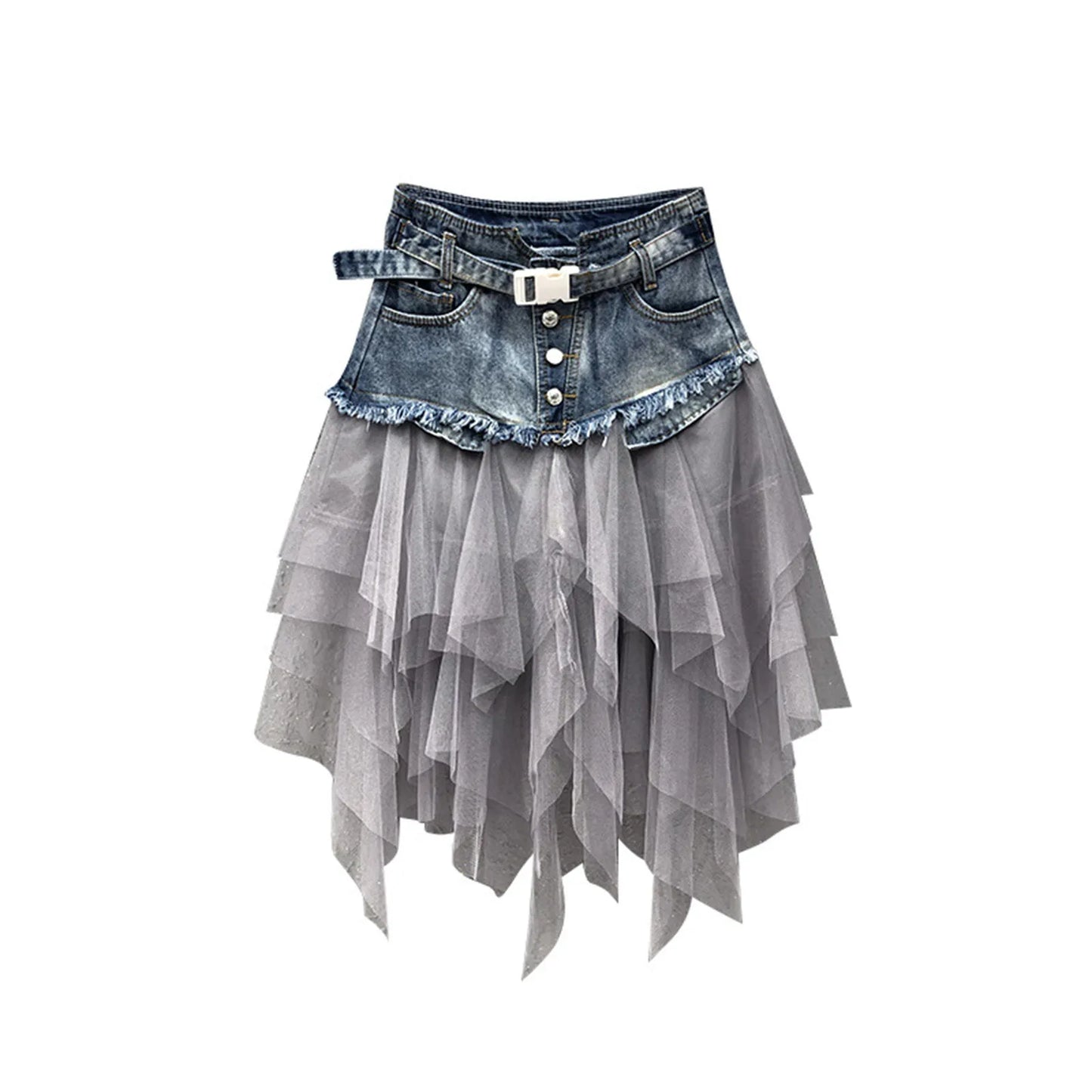 Punk Women Denim Skirts Mesh Patchwork Jean Skirt Y2K High Waist A Line Asymmetric Tulle Skirts Pleated Gothic Chic