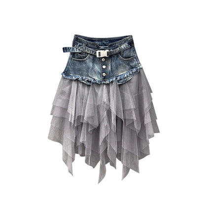 Punk Women Denim Skirts Mesh Patchwork Jean Skirt Y2K High Waist A Line Asymmetric Tulle Skirts Pleated Gothic Chic