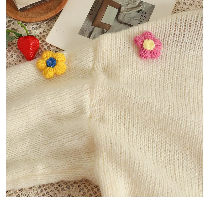 Autumn Colourful Applique Flower Cardigan for Women Cute Long  V-neck Knit Crop Sweater Girl Soft Knitwear