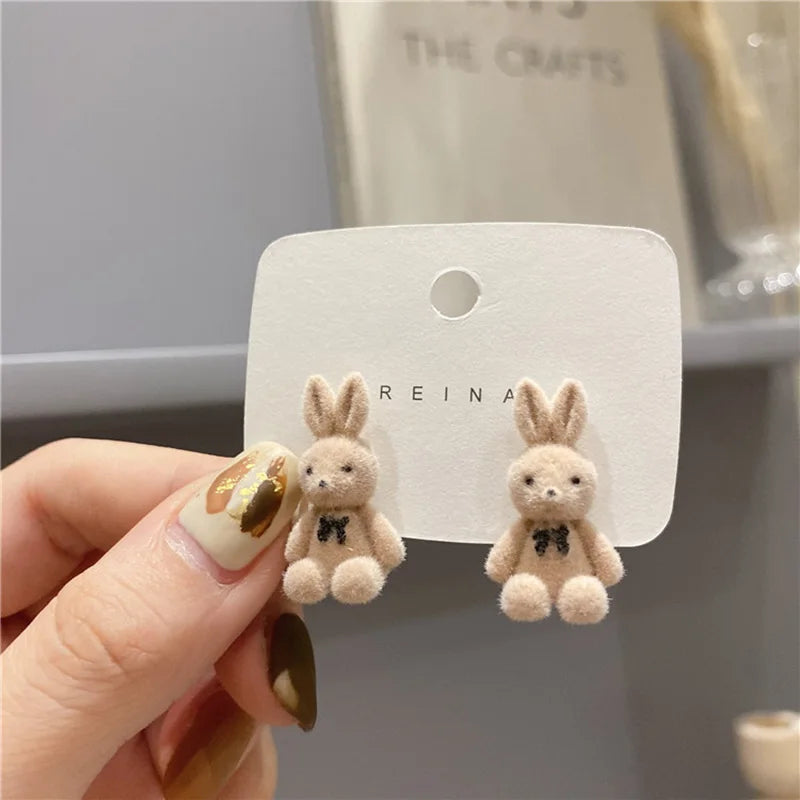 Flocking Velvet Rabbit Bear Stud Earrings for Women Fall Fashion Kawaii Animal Earrings Girls Korean Kids Jewelry Brincos Gifts