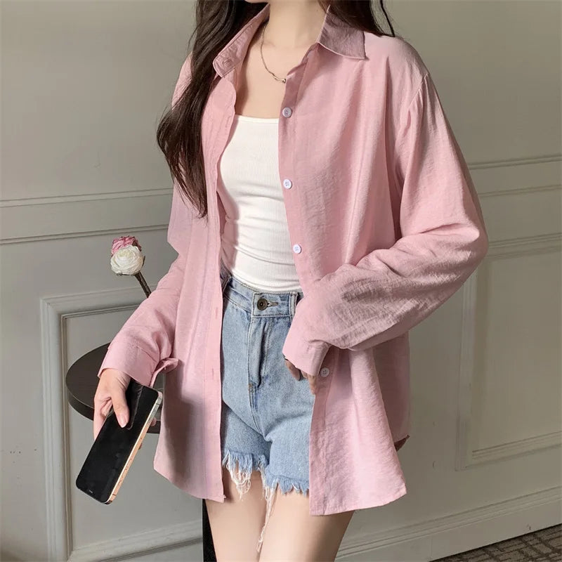 Breezy Button-Down Shirt for Women Long Sleeve Collared Lightweight Oversized Shirt Spring Summer Teenage Girl Basic Outfit