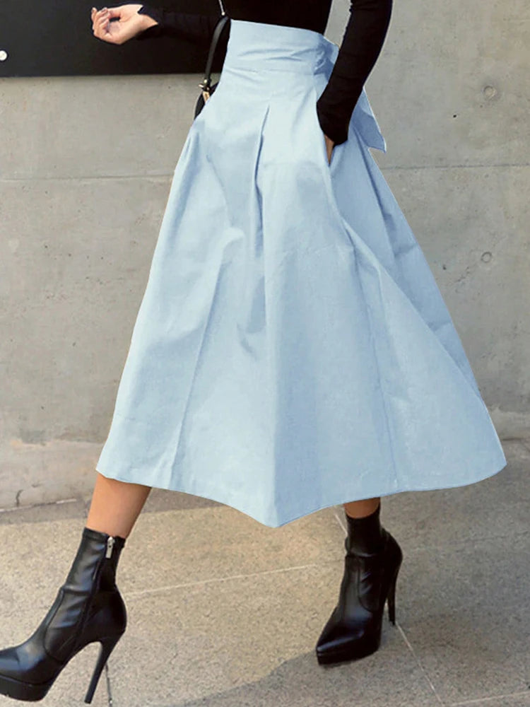 Stylish Solid A-line Skirts for Women Preppy School Style High Elastic Waist Long Skirt With Bow Woman Clothing Women's Skirts
